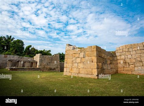 Massive stone walls which form the fortification of Hampi which was the ...