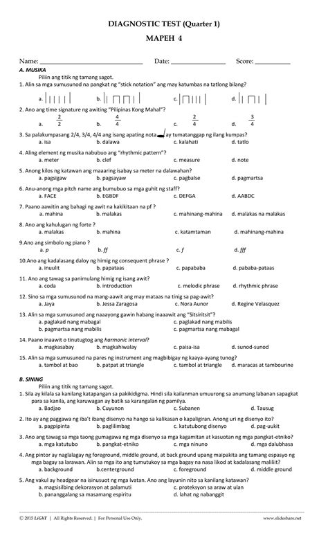 K To Grade Diagnostic Pre Test In Mapeh Pdf