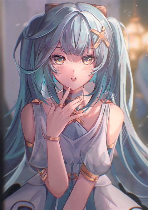 Safebooru 1girl Aqua Hair Blush Breasts Chikenryice Dress Faruzan