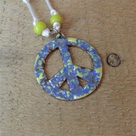 Peace sign necklace Copper Enameled necklace peace sign blue