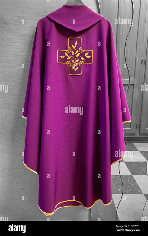 Purple Chasuble Of The Priest Inside The Sacristy Of A Catholic Church