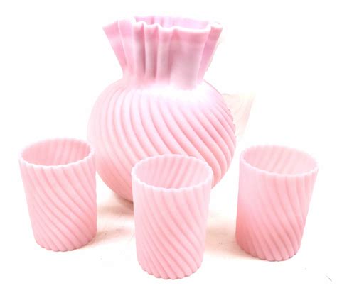 Lot Antique Pink Satin Swirl Art Glass Pitcher Set