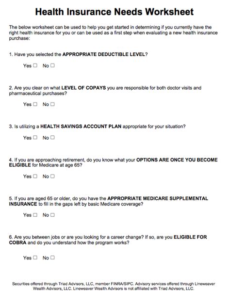 Health Insurance Needs Worksheet