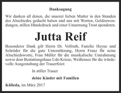 Traueranzeigen Von Jutta Reif Trauer In Thueringen De