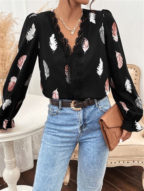 Shein Clasi Guipure Lace Insert Feather Print Flounce Sleeve Blouse