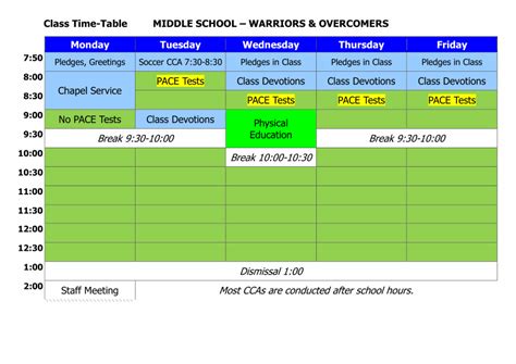 Class Schedule – Middle School – Victory Life Christian School