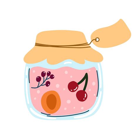 Home Made Cherry Apricot Currant Jam Canned Fruit In Cartoon Hand