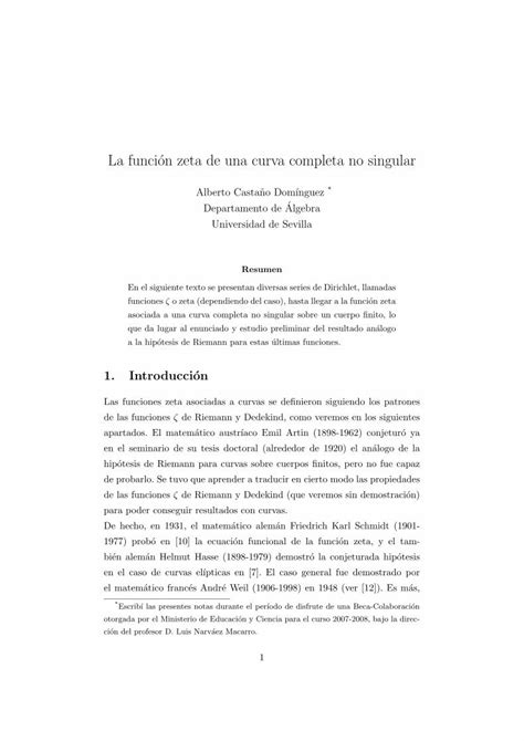 Pdf La Funcion Zeta De Una Curva Completa No Singularpersonal Us Es