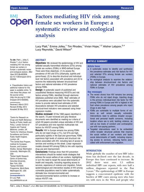 Pdf Factors Mediating Hiv Risk Among Female Sex Workers In Europe A Systematic Review And