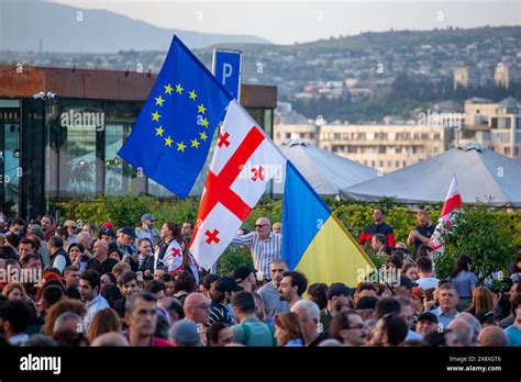 Tbilisi Georgia 28 April 2024 Protesters At A Rally Against The