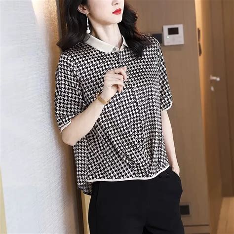 Silk Short Sleeve Shirts Women Houndstooth Loose New Summer Silk T Shirt Small Shirt Western Sle