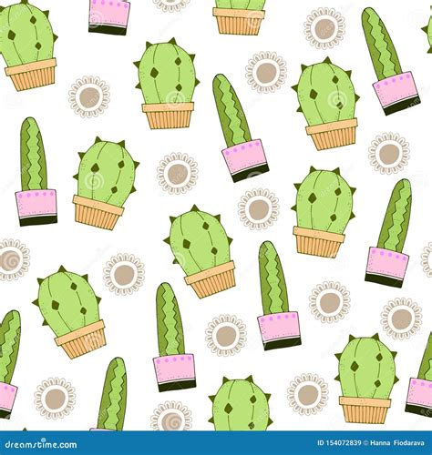 Cute Cartoon Simple Repeating Vector Seamless Pattern With Color Cacti And Decorative Elements