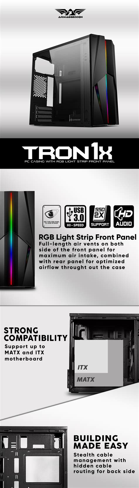 Armaggedon Tron X Matx Pc Gaming Case Rgb Light Strip Front Panel