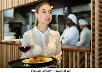 Friendly Waitress Holding Serving Tray Restaurant Stock Photo