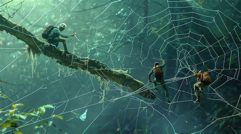 Three Figures Are Trapped In A Giant Spider Web Premium Ai Generated