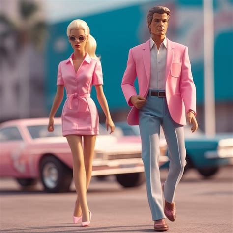 two barbie dolls are walking down the street in pink dresses and suits ...