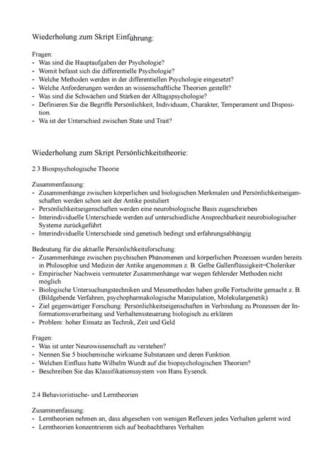 Klausurvorbereitung Wichtig F R Klausur Allgemeine Psychologie