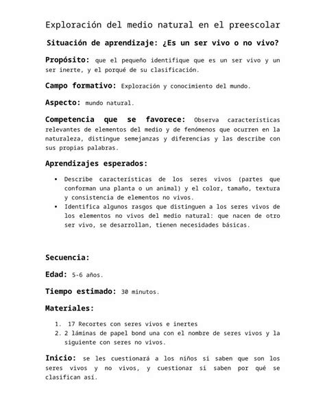 DOCX Planeacion De Exploracion Del Medio Natural En El Preescolar