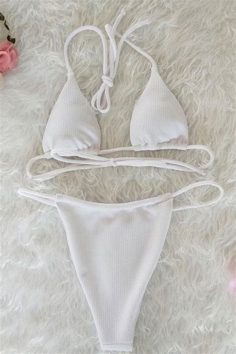 Ribbed Halter Slide Triangle Micro Thong Two Piece Summer Bikini Set