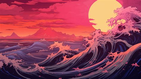 Ocean Wave Sunset Japanese Art K M Wallpaper Pc Desktop