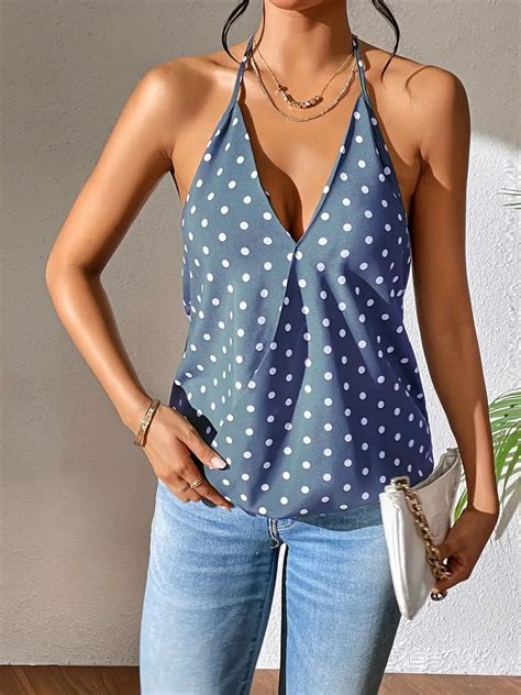 Polka Dot Color Block Halter Top Sexy V Neck Backless Halter Temu