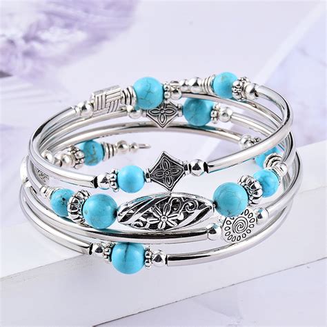 Opolski Women Bangle Natural Stones Ethnic Multi Layered Retro Blue