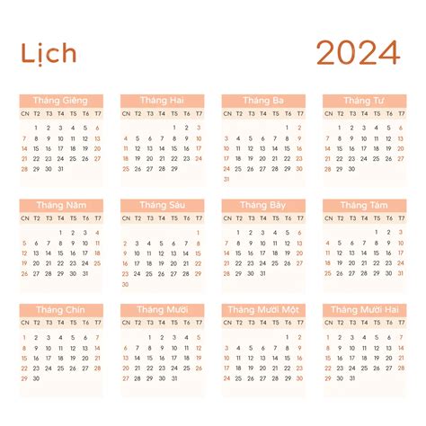 2024 Vietnamese Calendar Orange Border Vector 2024 Calendar