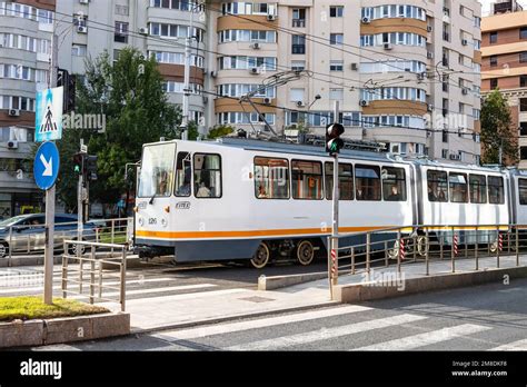 Tram In Traffic Public Transport Bucharest Romania 2022 Stock Photo