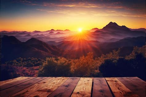 Premium Photo | Wooden table top with dreamy sunrise and mountain ...