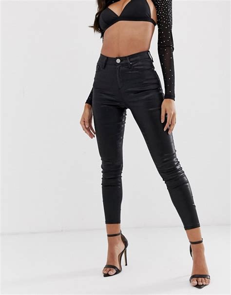 Asos Design Ridley High Waisted Skinny Jeans In Coated Black Asos