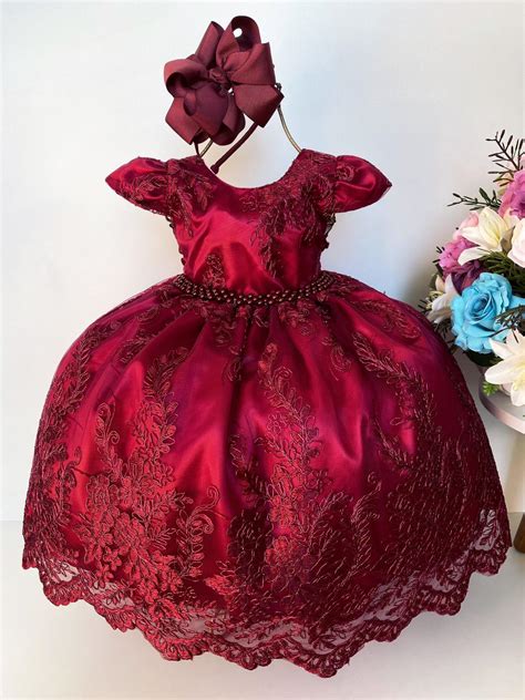 Vestido Infantil Marsala C Renda Realeza e Cinto de Pérolas Rosa