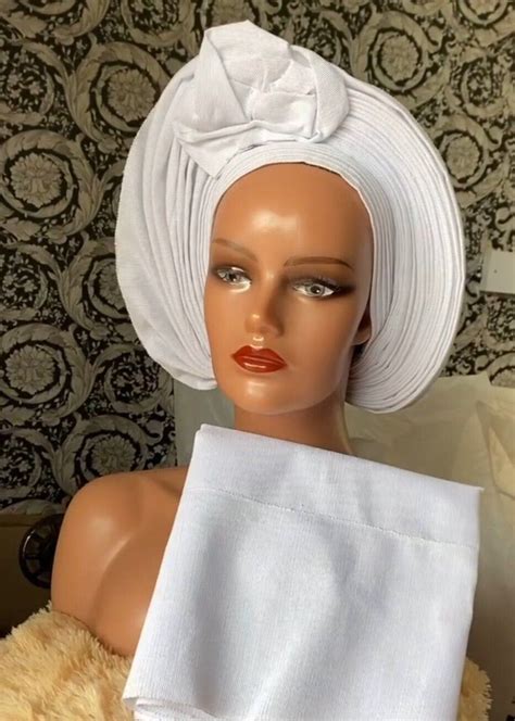 Autogele Aso Oke Pre Tied Gele White Headwrap African Fabric