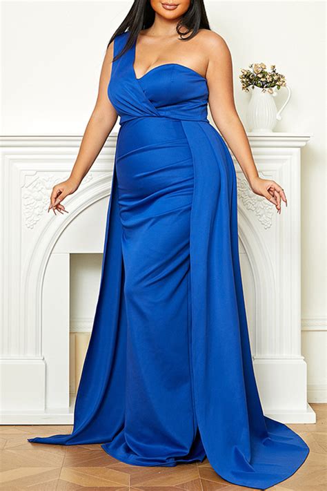 Wholesale Blue Sexy Formal Solid Patchwork Backless One Shoulder Evening Dress Plus Size Dresses