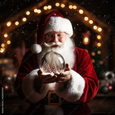 Close Up Photo Of Santa Claus Holding A Snow Globe Projecting An Image