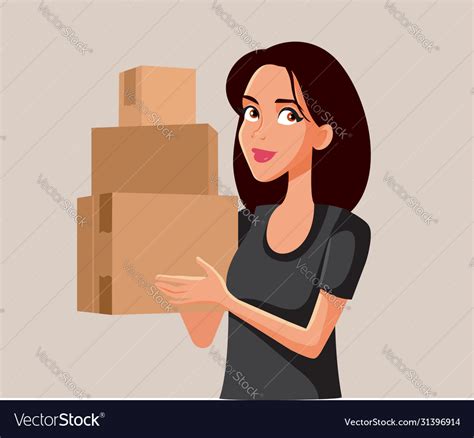 Cute Woman Holding Cardboard Boxes Cartoon Vector Image