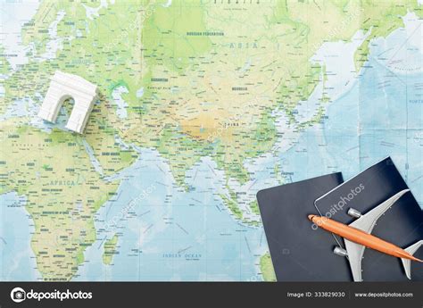 Top View Toy Plane Passports Arc Triomphe Figurine Map Stock Photo By