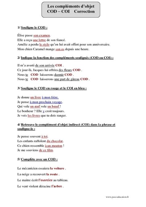 COI COD Cm2 Fiche Dexercices Avec Correction Pass Education