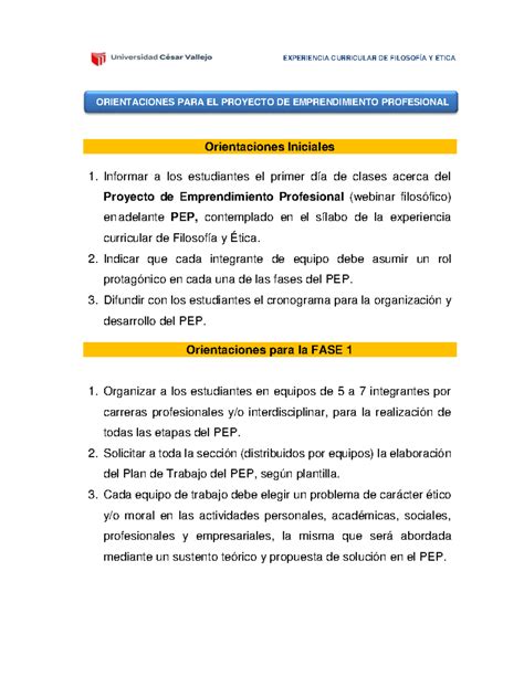 Orientaciones Para Proyecto De Emprendimiento Profesional Experiencia Curricular De FilosofÍa