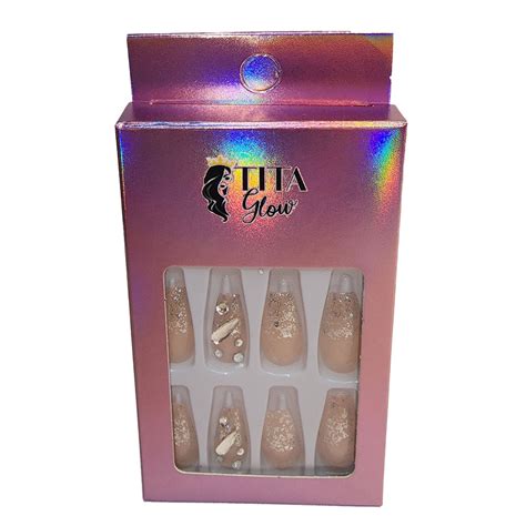 Press On Nails Nude With Glitter Tips And Diamante Tita Glow