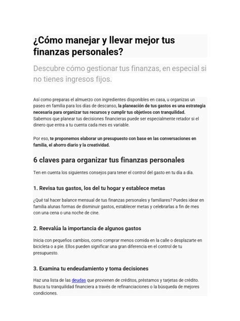 Cómo Manejar Y Llevar Mejor Tus Finanzas Personales Pdf Finanzas