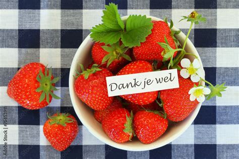 Dank Je Wel Card Thank You In Dutch And Bowl Of Strawberries Stock