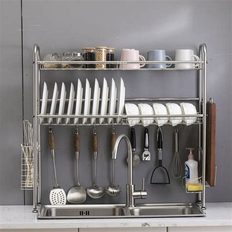 Over Sink Dish Drying Rack 2 Tier Stainless Steel Storage Kitchen Dish Rack 32 Large Dish