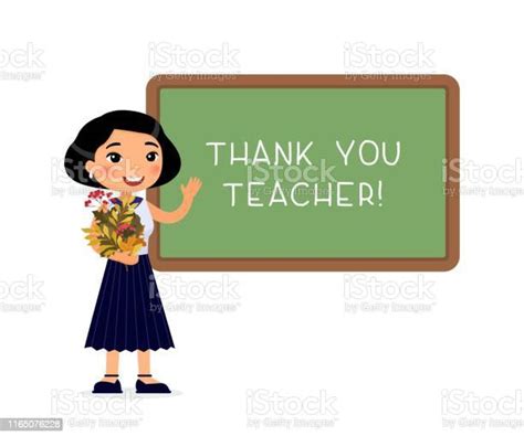 Asian Female Teacher Standing Near Blackboard Flat Vector Illustration