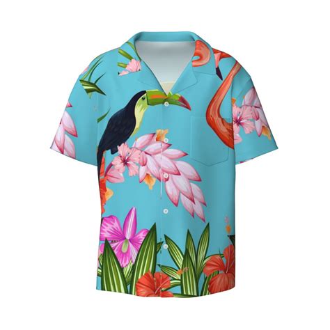 Gaeub Tropical Jungle Flamingo Mens Lapel Short Sleeve Shirt Relaxed