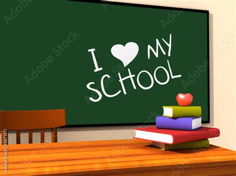 Inside Of A Classroom With I Love My School On The Chalkboard Stock