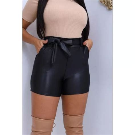 SHORT PRETO COURO FAKE SHORT LACINHO SHORT MODINHA SHORT FEMENINO