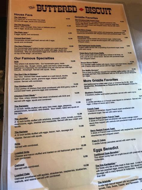 Menu at The Buttered Biscuit restaurant, Sumner