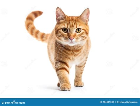 Front View Of A Ginger Cat Walking On A White Background Stock