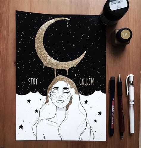 A Drawing Of A Womans Face On Top Of A Crescent Moon And Stars