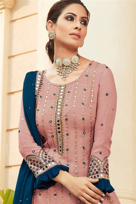 Embroidered Faux Georgette Sharara Suit In Light Pink Ucchal Fashion